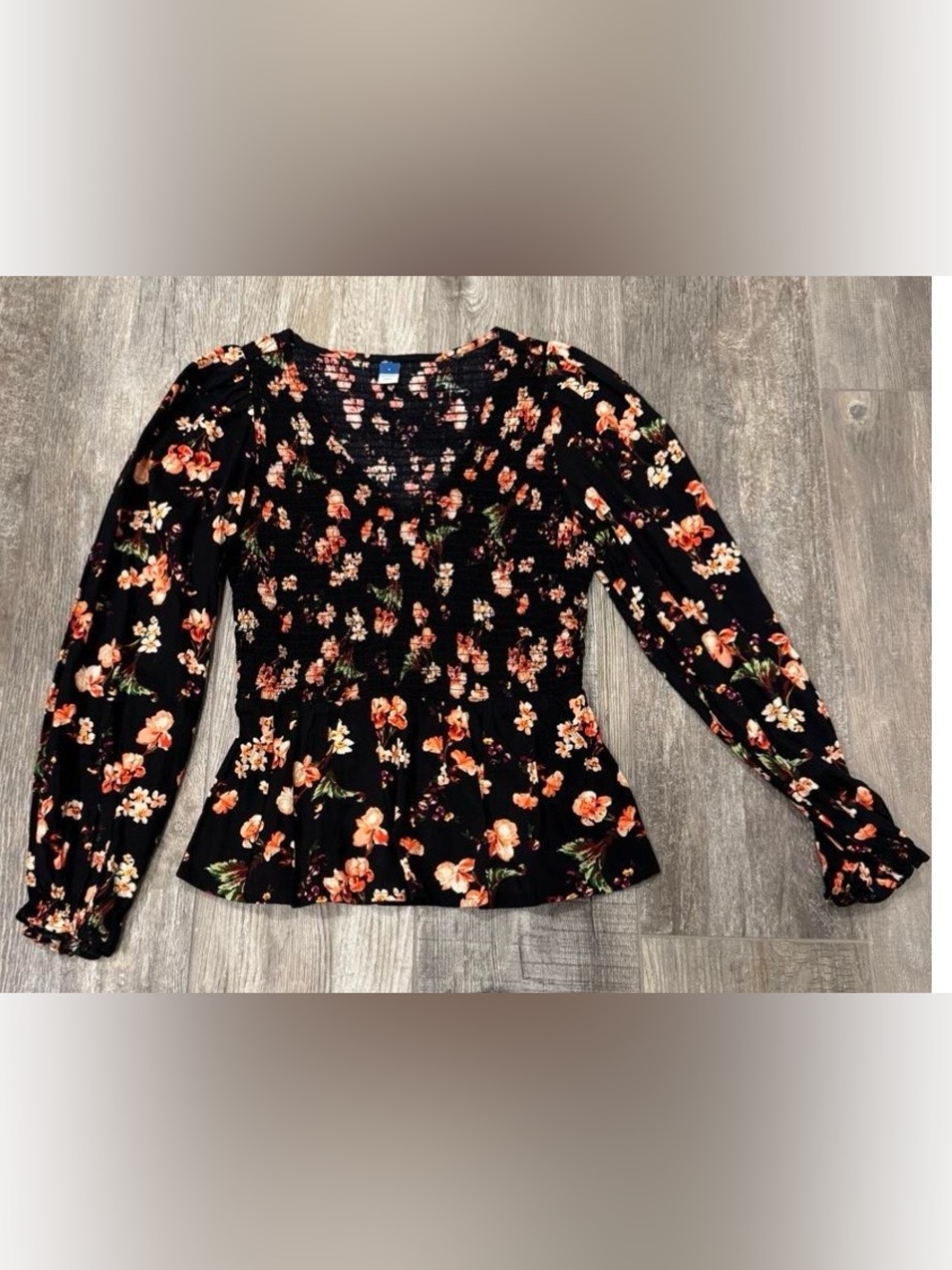 Like New Old Navy Black Floral Peplum Long-Sleeve Top with Peach Blooms